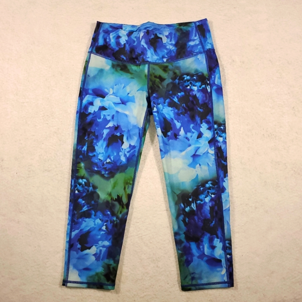 Athleta Yoga Leggings Blue Floral Capri Cropped Athletic Activewear Women Size S